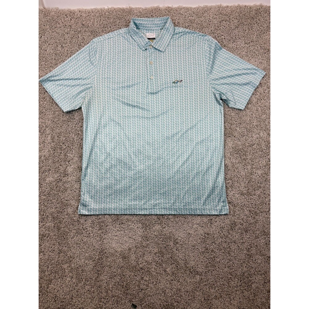 Greg Norman Mens Large Golf Polo Shirt Play Dry Aqua Geometric Print Shark Logo